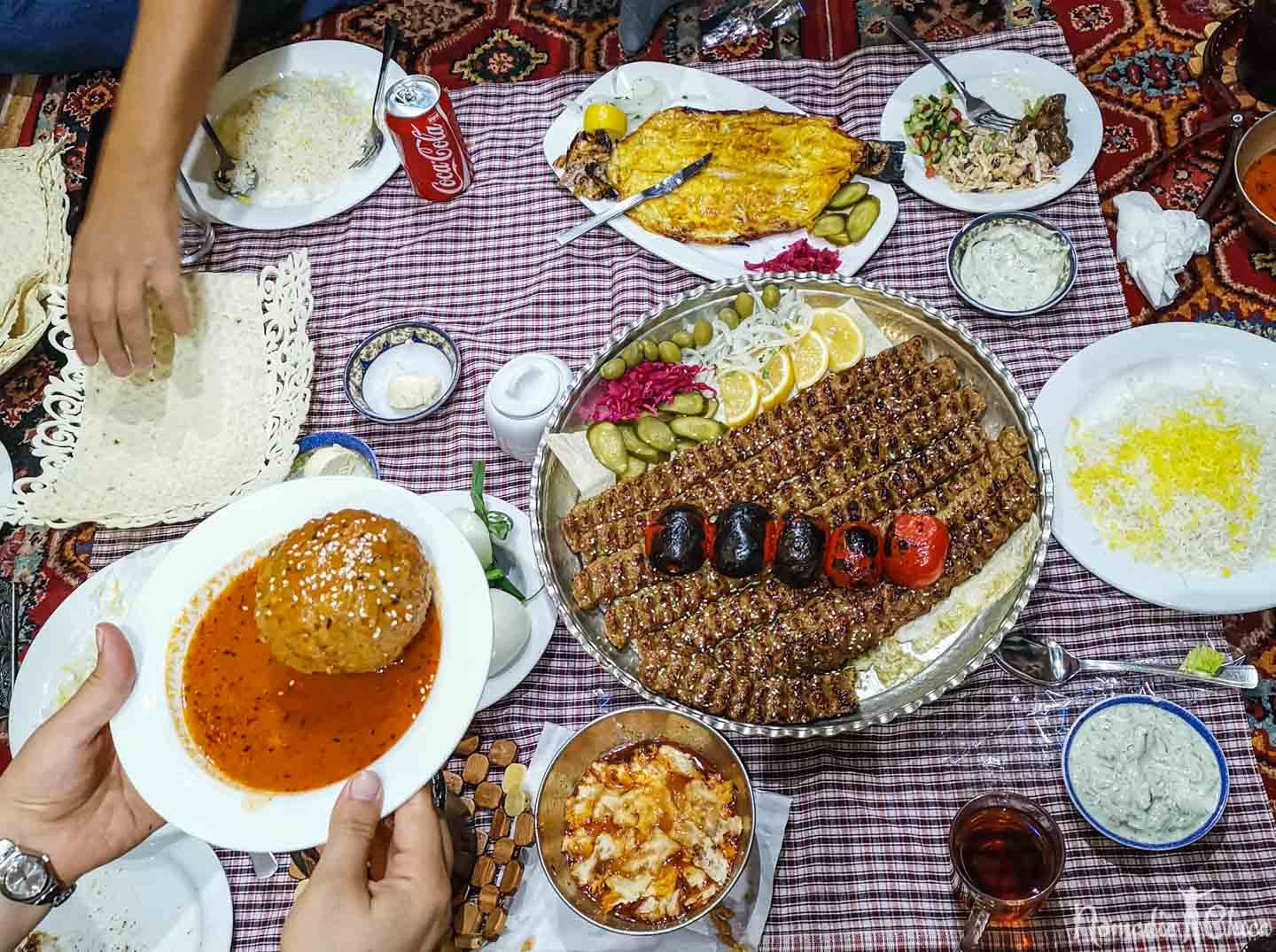 Kebab Iranian food and spices, tee saffron
